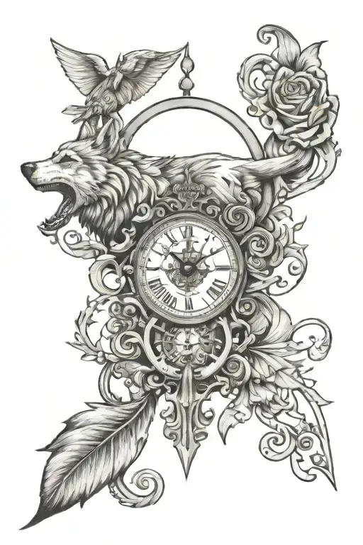 Cross With Wolf And Clock Inside