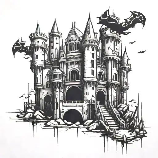 A Futuristic Cyberpunk Castle With Mechanical Bats Flying Around It
