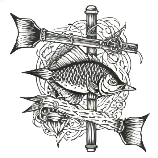 Cross With Fishing Line And Fish Hooked On