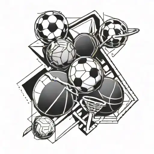 A Dynamic And Abstract Representation Of Various Sports Equipment Intertwined With Geometric Shapes
