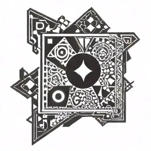 A Blackwork Tattoo Of A Turkish Mosaic Pattern Incorporating Elements Of Gaming And Family Symbols