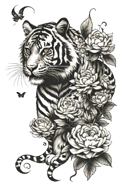 Tiger Full Body W Chrysanthemum And Peony Flowers W Butterflies With Roses And Thorns