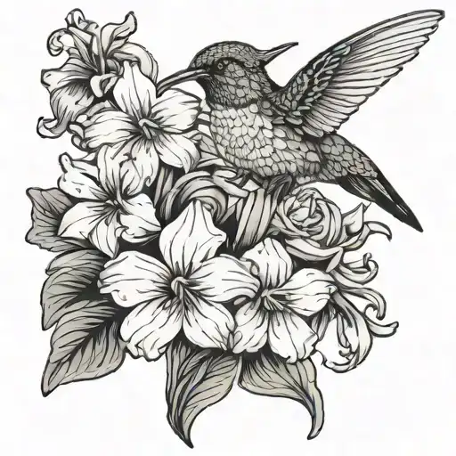 Hummingbird Eating Over Bouquet Of Violets And Narcissus