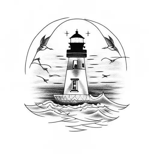 Lighthouse With Fishing Boat Sunset