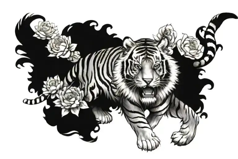 Tiger Full Body W Chrysanthemum And Peony Flower And Butterflies