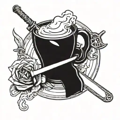 A Tattoo Design Featuring A Crossed Gun And Sword With A Coffee Cup In The Background
