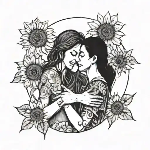 A Detailed Blackwork Tattoo Of A Mother And Daughter Holding Hands Surrounded By Sunflowers