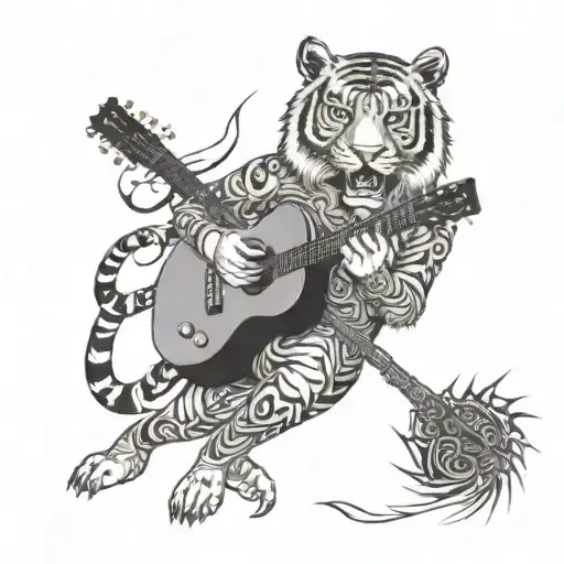 A Warrior Of Light Playing Guitar Surrounded By Tiger Imagery