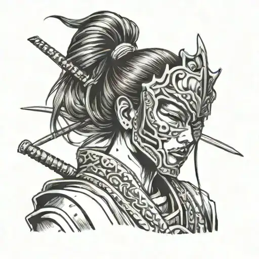 A Female Samurai Removing Her Demonic Mask And Looking Into That Same Mask