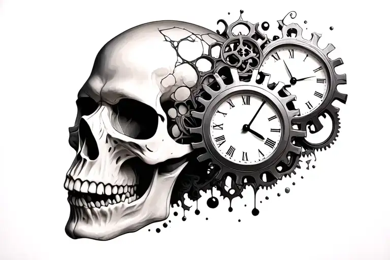 3D Skull Realistic With Clock Crashing Head Gears Intertwined