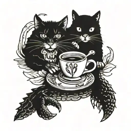 A Romantic Tattoo Set For Two Consisting Of A Crocodile And A Cat Sharing A Cup Of Coffee