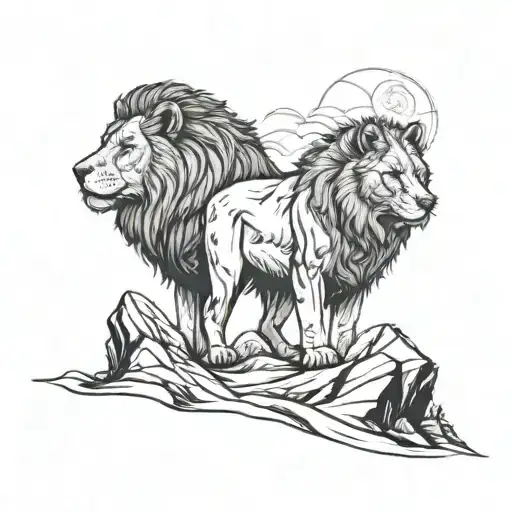 A Lion And A Wolf Standing Together On A Mountain Peak