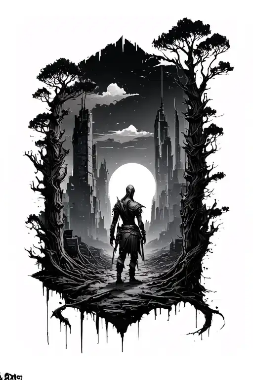 Cyberpunk Post Apocalyptic Trees City Dark Elf Exploring Ruin