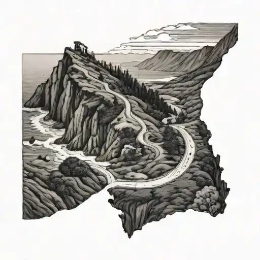 A Detailed Black And Grey Tattoo Of A Winding Road Leading To A Scenic Overlook Of Big Sur Coastline
