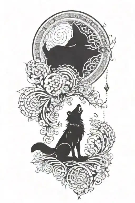 Wolf Howling Moon Surronded By Kazakh Ornaments Background