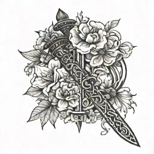 Sword Surounded By Snake And Flowers