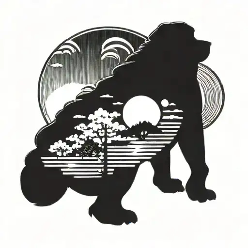 A Dog Silhouette With A Japanese Rising Sun In The Background