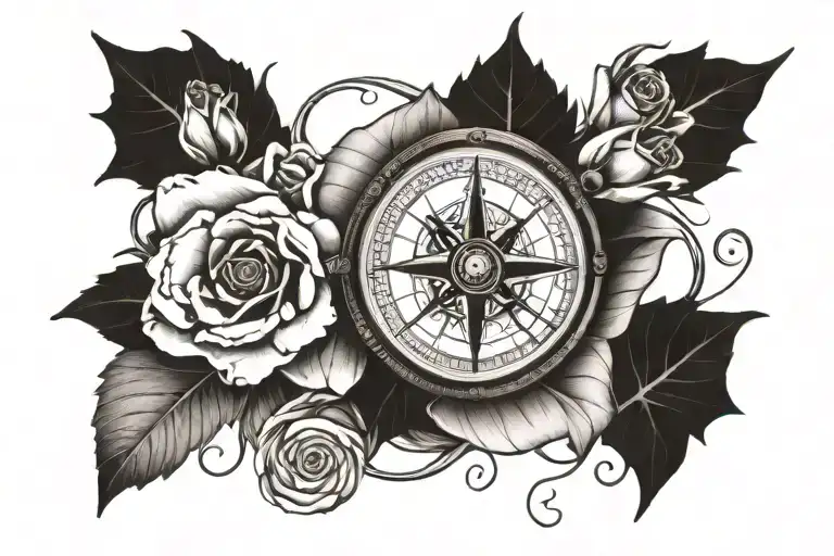 Antique Compass And Roses Wrapped Around