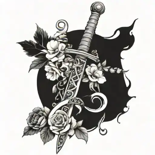 Vertical Sword Surounded By A Snake And Few Flowers