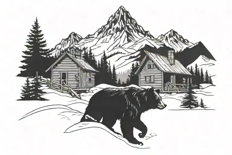 A Scene With Mountains And A Black Bear And Cabin Covered In Snow