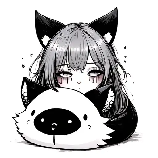A Depressed Girl With Leaking Mascara On Her Eyes Hugs A Plush Shaped Like A Fox