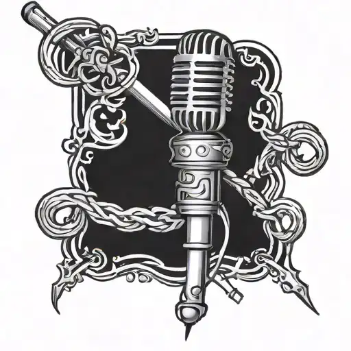 A Stylized Microphone Intertwined With Martial Arts Weapons Like Nunchucks And A Sword