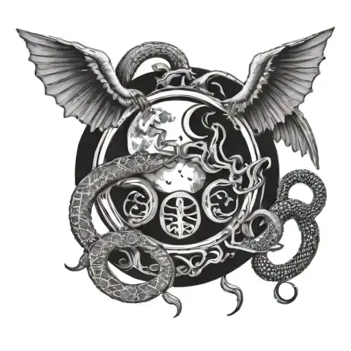 Symetricle Triple Moon With Two Snakes With Wings