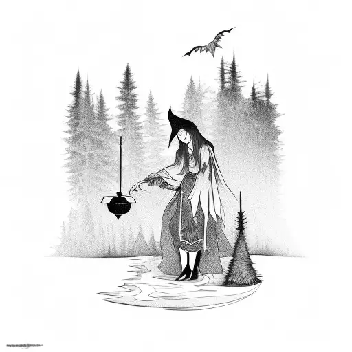 A Witch Brewing A Potion In A Pine Forest
