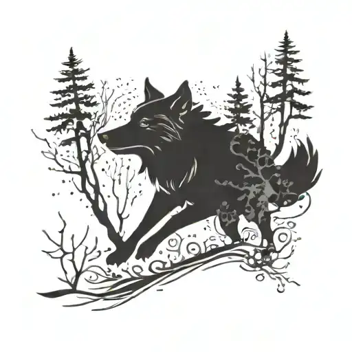 A Silhouette Of A Wolf Running Through A Forest With Musical Instruments Scattered Around