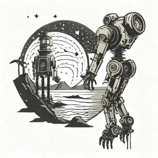 A Mechanical Engineer With Robotic Limbs Standing On A Beach Under A Starry Night Sky