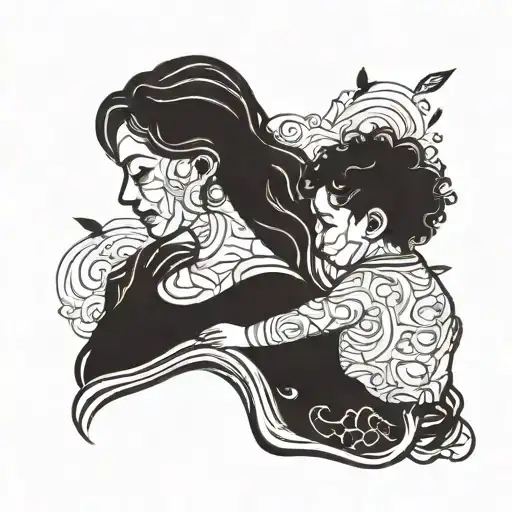 A Mother And Child Silhouette Tattoo With Each Child Represented In A Different Style Or Pattern