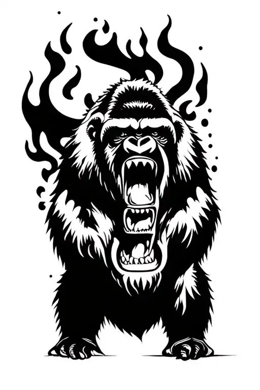 Roaring Gorilla Face Within Vase Flame
