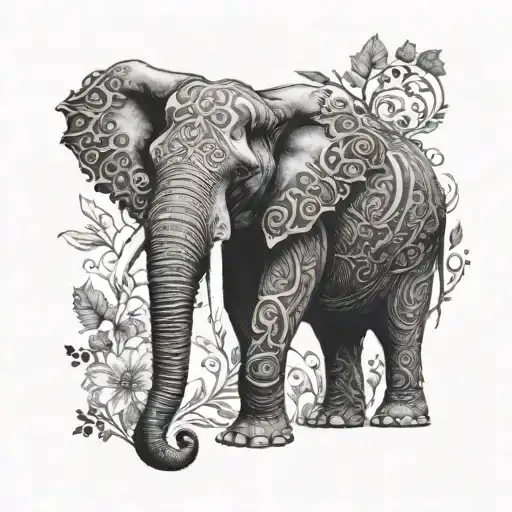 A Realistic Elephant With Intricate Nature Elements Incorporated Into The Design