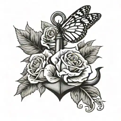 Anchor With Two Roses And One Monarch Butterfly