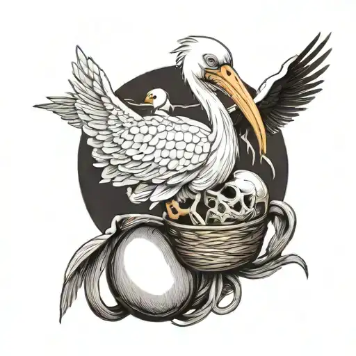 A White Stork Carrying A Skull In A Sling Like It's A Baby