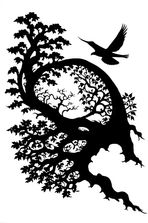 Tree Of Life With Deep Roots And Bird Flying Over It