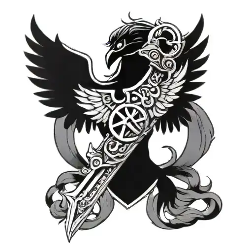 Small Tattoo On The Upper Middle Of The Chest Just Below The Neck With Sword And Wings