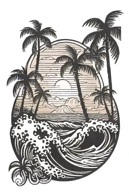 Sunset With Palm Trees Waves Crashing In The Background