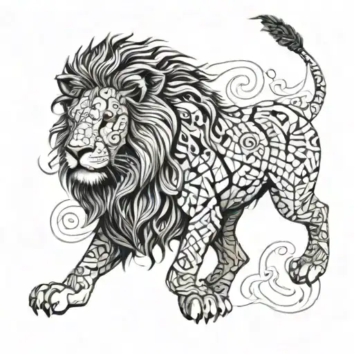 A Lion Roaring Majestically With Intricate Geometric Patterns Integrated Into Its Mane
