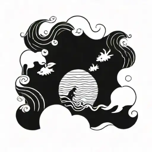 A Beach Scene Featuring Anime-style Waves And Kawaii Sea Creatures