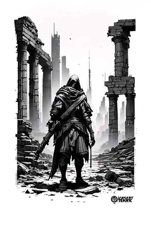 Cyberpunk Cityscape Character Exploring Ancient Ruins