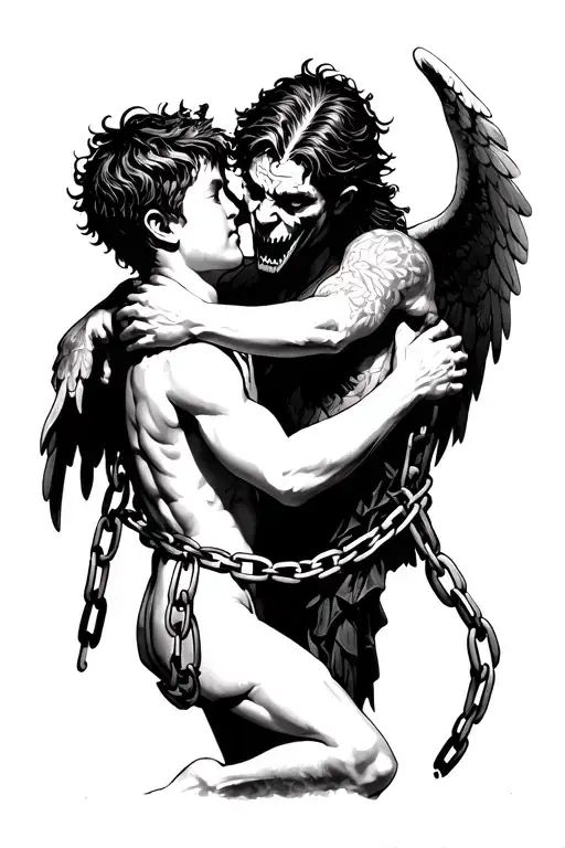 The Demon Embraces The Boy Angel Wrapped In Shackles