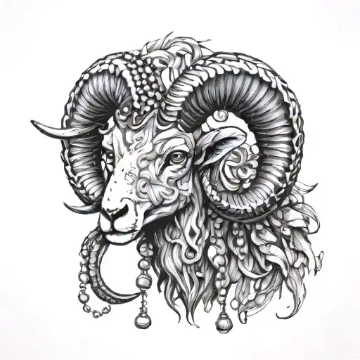 A Detailed Blackwork Design Of A Ram With A Rosary Wrapped Around Its Horns