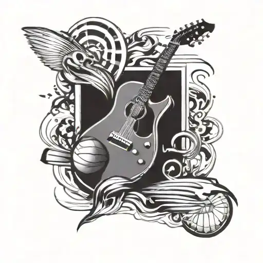 Design A Tattoo That Combines Surfing And Basketball Elements With A Guitar And Drum Motif