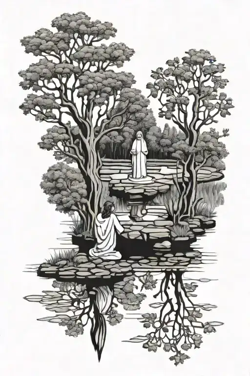 Trees And Reflecting Pond With Jesus