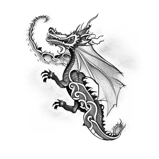 A Fierce Dragon Intertwined With A Winding Vine Of Flowers