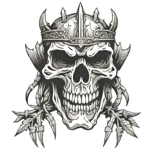 Samurai Skull With Teeth On The Knee With A Crown Of Thorns In Black And White Style Without Color