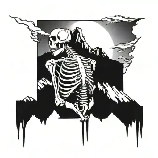 Skelton In Front Of Mountain Range