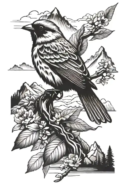 Sparrow Bird And Mountains