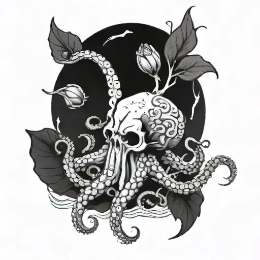 An Octopus On The Beach Surrounded By Peones And A Small Skull In The Background